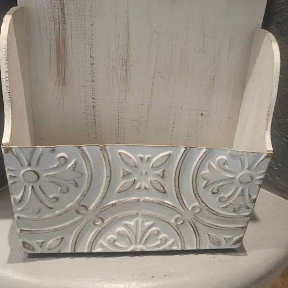 Distressed White 2-Tier Wooden and Metal Wall Mail Organizer 26